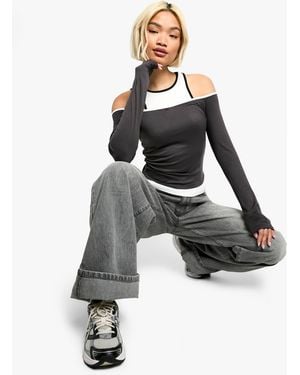 Boohoo 2 Layer Contrast Binding Long Sleeve Top - White