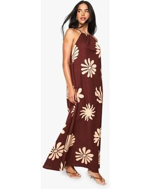 Boohoo Halterneck Tie Shell Printed Linen Look Maxi Dress - Red