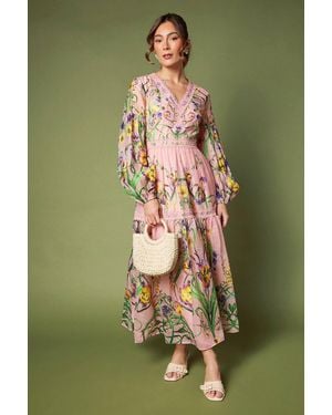 Coast Printed V Neck Long Sleeve Organza Midaxi Dress - Green
