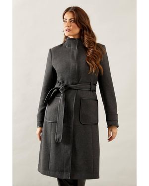 Wallis Belted Faux Leather Piped Coat - Black