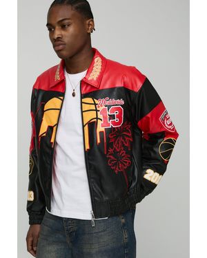 Boohoo Boxy Worldwide Embroidered Pu Badge Varsity Jacket