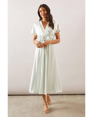 Wallis Crinkle Satin Flower Corsage Dress - Natural