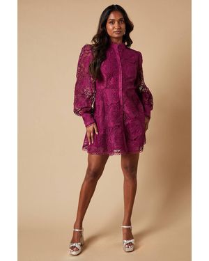 Oasis Premium Organza Lace Trim Mini Shirt Dress - Purple