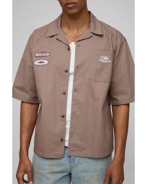 Boohoo Oversized Embroidered Washed Revere Shirt - Brown