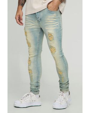 BoohooMAN Super Skinny Stretch Washed Biker Rip & Repair Jeans - Blue