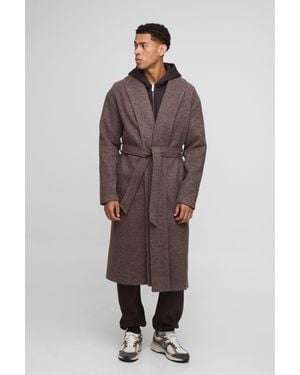 BoohooMAN Single Breasted Shawl Collar Self Belted Longline Marl Melton Overcoat - Brown