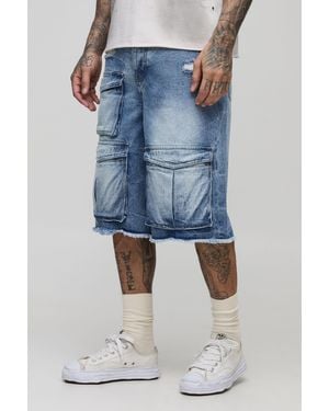 BoohooMAN Tall Relaxed Fit Ice Wash Raw Hem Distressed Cargo Jorts - Blue