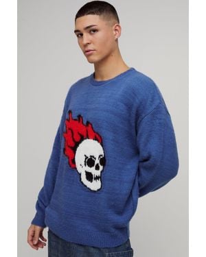 BoohooMAN Oversized Skull Graphic Fluffy Knitted Jumper - Blue