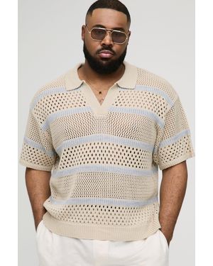 BoohooMAN Plus Boxy Oversized Stripe Open Knit Polo - Natural