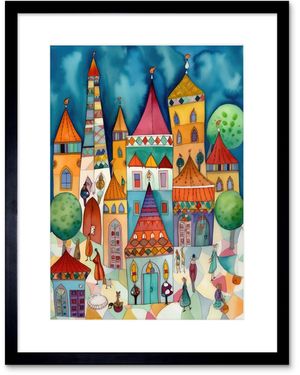 BoohooMAN Artery8 Wall Art Print Town Market Square Afternoon Shoppers Folk Art Watercolour Painting Artwork Framed 9x7 Inch - Black