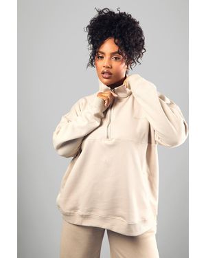 BoohooMAN Dsgn Studio Embroidered Half Zip Oversized Sweatshirt - Natural