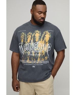 BoohooMAN Plus Oversized Extended Neck Washed Western Print T-Shirt - Gray