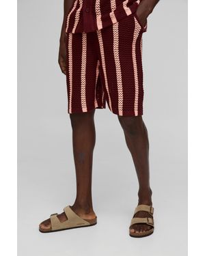 Boohoo Relaxed Fit Longline Open Stitch Stripe Knitted Shorts - Red