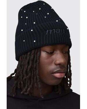 BoohooMAN Rhinestone Embellished Beanie - Black