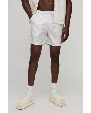 BoohooMAN Pattern Printed Mid Length Swim Trunks - White
