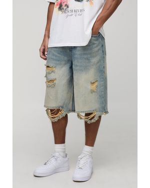 BoohooMAN Tall Stonewash Raw Hem Distressed Jorts - Blue