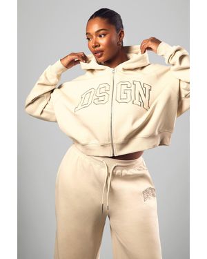 BoohooMAN Plus Dsgn Studio Applique Zip Through Hoodie - Natural