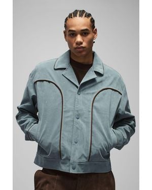 BoohooMAN Boxy Faux Suede Western Piped Lapel Harrington Jacket - Gray