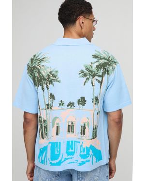 BoohooMAN Boxy Fit Resort Scenic Jacquard Knitted Shirt - Blue