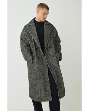 BoohooMAN Kragenloser Oversize Mantel in Schwarz mit Fischgräten-Print - Grün