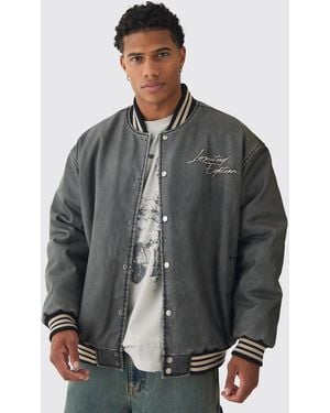 BoohooMAN Oversized Limited Embroidered Washed Pu Bomber Jacket - Grey