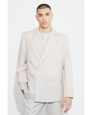 BoohooMAN Relaxed Fit Double Breasted Color Block Blazer - White