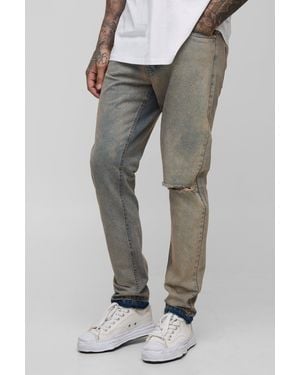 BoohooMAN Tall Slim Fit Subtle Ripped Tinted Jeans With Let Down Hem - Gray
