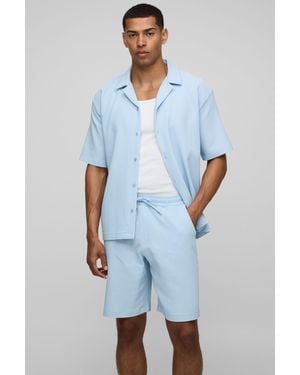 BoohooMAN Oversized Revere Pleated Shirt & Short Set - Blue