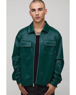 Boohoo Long Sleeve Pu Cargo Boxy Overshirt - Verde