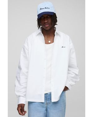 BoohooMAN Tall Oversized Long Sleeve Embroidered Poplin Shirt - White