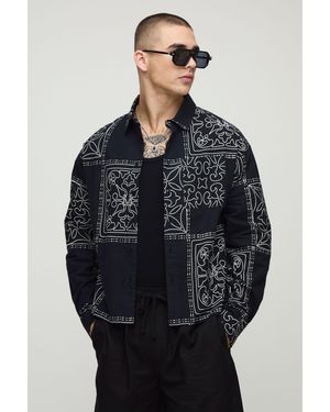 BoohooMAN Oversized Boxy Linen Look Printed Collared Shirt - Gray