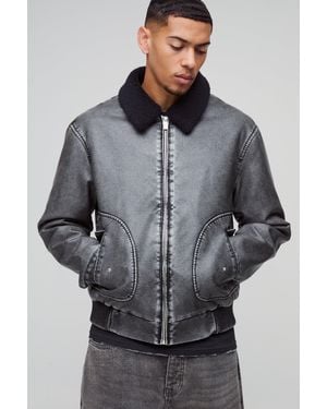 BoohooMAN Detachable Borg Collar Aviator Bomber Jacket - Grey