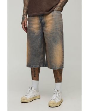 Boohoo Tall Relaxed Fit Extreme Tinted Stonewash Longline Jorts - Azul