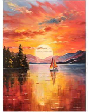 BoohooMAN Artery8 Wall Art Print Serene Lake Sunset Sailing Vibrant Oil Painting Sail Boat Lakeside Mountain Landscape Poster - Orange