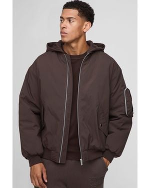 BoohooMAN Oversized Fit Pu Applique Nylon Hooded Bomber Jacket - Brown