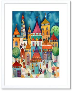 BoohooMAN Artery8 Wall Art Print Town Market Square Afternoon Shoppers Folk Art Watercolour Painting Artwork Framed 9x7 Inch - Blue