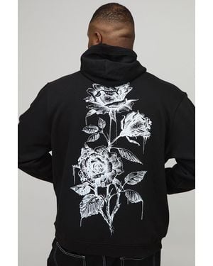 BoohooMAN Plus Regular Fit Floral Line Drawing Print Hoodie - Black