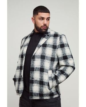BoohooMAN Plus Boxy Oversized Brushed Plaid Overcoat - Grey