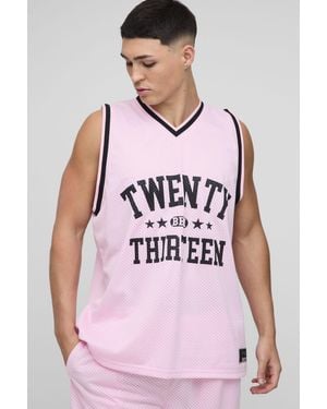 BoohooMAN Oversized 13 V Neck Mesh Basketball Tank - Pink