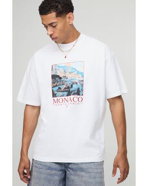BoohooMAN Oversized Extended Neck Monaco Monte Carlo Printed T-Shirt - White