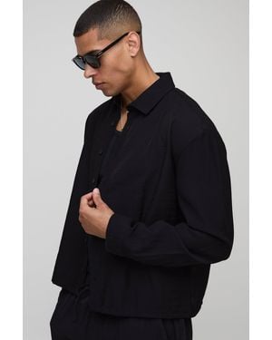 BoohooMAN Crinkle Oversized Boxy Long Sleeve Shirt - Blue