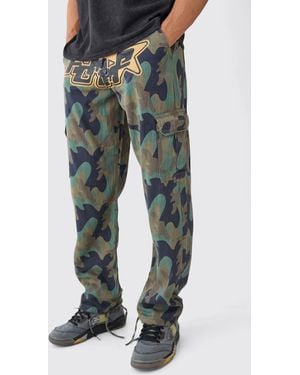 BoohooMAN Relaxed Crotch Print Tie Hem Camo Cargo Trouser - Green