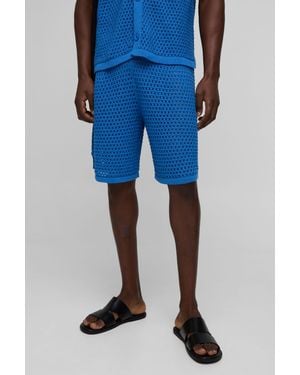 Boohoo Relaxed Fit Open Stitch Basketball Knitted Shorts - Blue