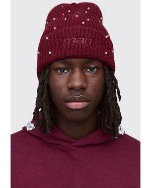 BoohooMAN Rhinestone Embellished Beanie - Red