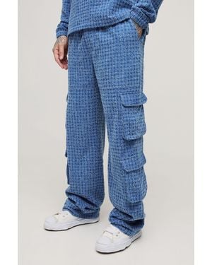 BoohooMAN Tall Textured Denim Relaxed Fit Cargo Jeans - Blue