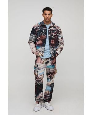 Boohoo Regular Renaissance Tapestry Long Sleeve Overshirt - Gris