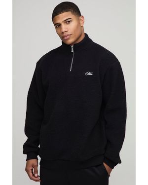 Boohoo Oversized Borg Script Embroidered Quarter Zip Sweatshirt - Blue