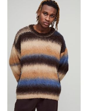 BoohooMAN Tall Oversized Boxy Brushed Stripe Knitted Jumper - Natural