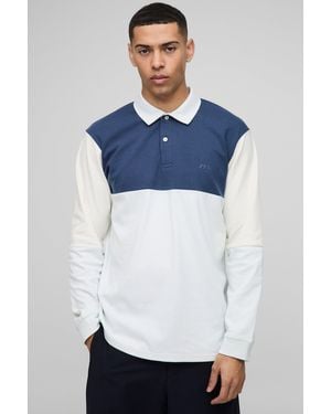 BoohooMAN Regular Fit Man Color Block Interlock Rugby Polo - White