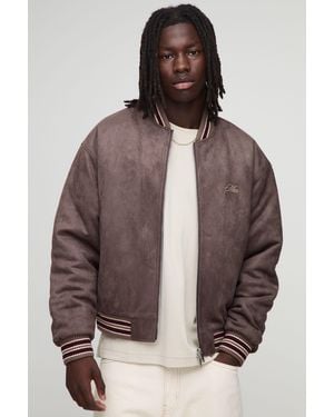 Boohoo Boxy Fit Suede Chunky Rib Embroidered Bomber Jacket - Marrón